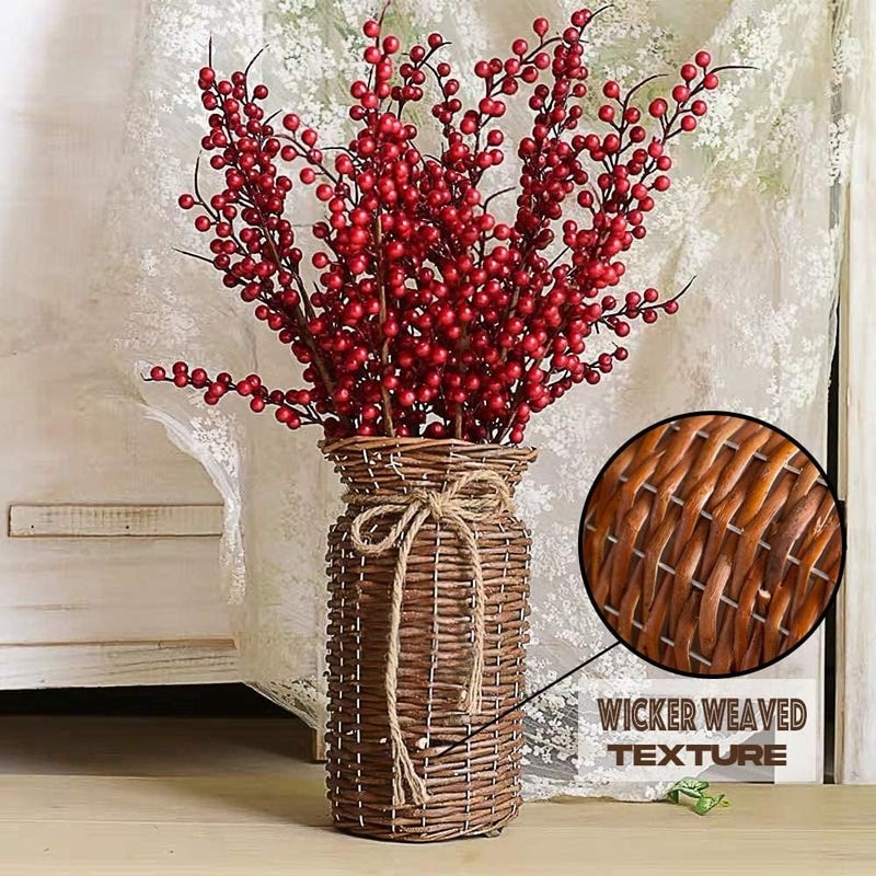 POPGRAT Wicker Vase for Decor, 12'' Wood Basket Vases Brown Rustic Farmhouse Country Style Flower Holder for Living Room Pampas Grass, Dried Branches, Table Centerpieces - Image 5